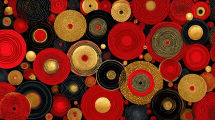 Poster - Intricate circular patterns in red, black, and gold fill the canvas, creating a lively and dynamic abstract design that captivates the viewer's attention and stimulates the imagination.