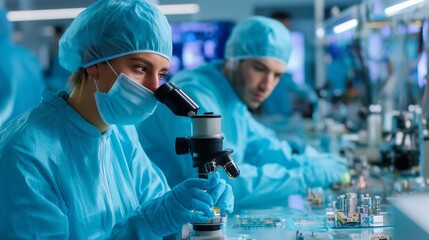 Poster - scientists conduct research in a modern laboratory focused on microscopy and technological innovatio