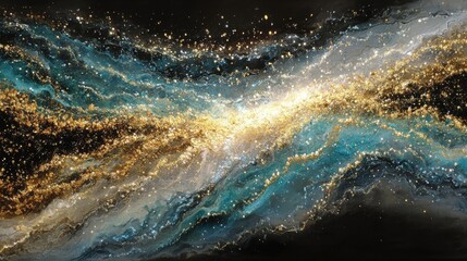 Poster - An enchanting cosmic swirl filled with sparkling gold, blue, and white elements against a dark backdrop captures the beauty of the universe. This abstract representation evokes mystery and wonder.