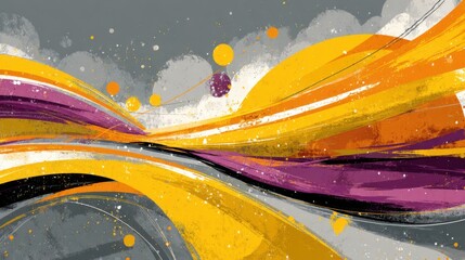 Poster - Colorful swirls of purple and yellow dance across a textured gray backdrop, creating a dynamic and lively abstract composition that evokes energy and movement.