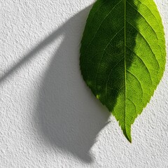 Poster - Shadows dance on a vibrant green leaf against a stark white wall, capturing nature's artistry in striking detail and contrast