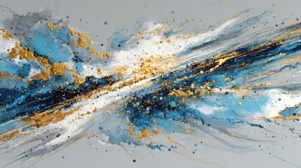 Poster - Stunning abstract art displays vibrant blue and gold streaks intertwining across a textured gray canvas. The colors blend harmoniously, creating a sense of movement and energy.