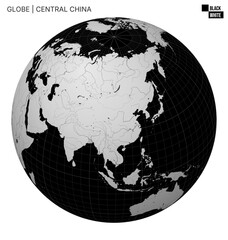 Poster - Vector globe centered on Central China. Black and white palette. World map with meridians, parallels, countries, rivers, and lakes. Amazing vector illustration.