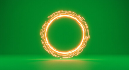 Poster - A glowing orange circle with spark effects on a green background in a studio setting with reflections