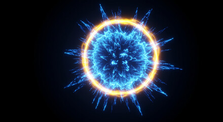 Poster - A glowing blue energy sphere surrounded by a yellow ring on a dark background emitting blue spikes