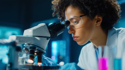 Poster - scientist examines samples through a microscope in a modern laboratory during evening research sessi
