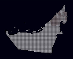 Poster - United Arab Emirates dotted map. Digital style map of the country on dark background. United Arab Emirates shape with square dots. Colored dots style. Small size squares. Vibrant vector illustration.