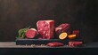 © Juan - Raw meat cuts on slate board with vegetables and herbs for gourmet cooking protein concept layout