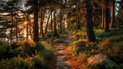 Fototapete - Sun sets along stone path in forest with tall trees and green grass at golden hour in summertime in Northern Europe