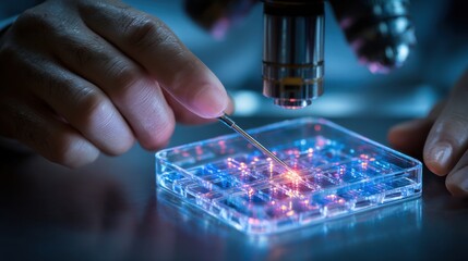 Poster - A scientist skillfully manipulates samples with a pipette while observing them under a microscope.