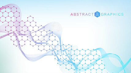 Aufkleber - Modern scientific background with hexagons, lines and dots. Wave flow abstract background. Molecular structure for medical, technology, chemistry, science. Vector illustration