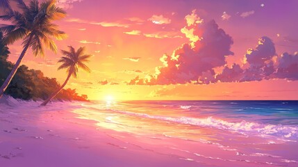 Wall Mural - Vibrant tropical beach sunset with palm trees and colorful sky over ocean waves