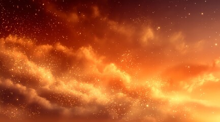 Wall Mural - Glowing orange sunset sky with sparkling stars and clouds
