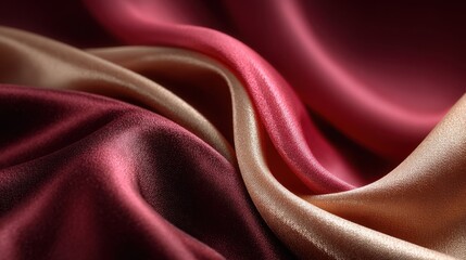 Poster - Luxurious silk fabric flows gracefully with rich burgundy and golden tones. The smooth surface captures light, creating a soft, inviting ambiance in the setting.