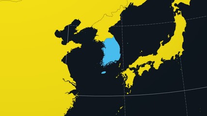 Poster - Republic of Korea on Globe. Animated zoom into the country view on the world map in Charcoal Bright Yellow color palette. Globe with meridians, parallels, countries, rivers and lakes. Trending video.