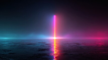 Fototapete - Bright neon beams pierce through the fog in a dark environment, reflecting off the wet ground and creating an enchanting visual display at night.
