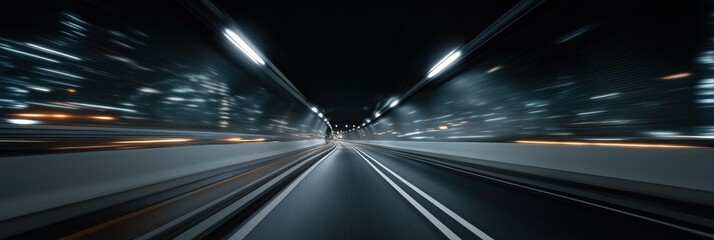 Poster - Dynamic urban tunnel at night with blurred light trails and speeding motion