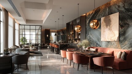 Poster - Luxury Interior Design Shows Tables Chairs And Bar In The Afternoon In A Modern Restaurant Or Hotel Lobby Area With Marble Walls And Gold Lighting Fixtures