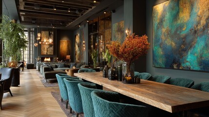 Poster - Luxury Interior Design Shows Tables Chairs And Bar In The Afternoon In A Modern Restaurant Or Hotel Lobby Area With Marble Walls And Gold Lighting Fixtures