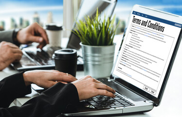 Poster - Digital legal contract provide terms and conditions document on computer screen ready for online digital signature for deal agreement of future business snugly