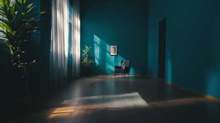 Moody hallway with dramatic lighting and long shadows in modern apartment interior architecture design scene