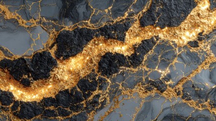 Poster - This artwork displays a dynamic surface characterized by an interplay of black and gold hues. The shiny texture enhances the patterns, creating a mesmerizing view that captivates attention.