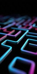 Poster - Neon blue and pink geometric maze pattern against black background