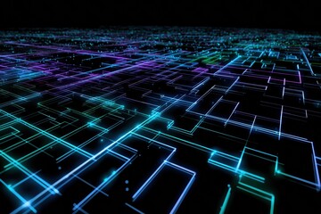 Poster - Glowing neon grid with colorful geometric lines in futuristic digital space