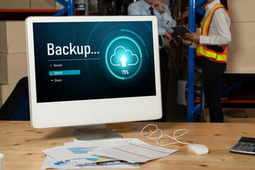 Poster - Backup Storage Data Internet Technology Business concept. Database storage cloud technology file data transfer sharing, cyber, big data information, internet banking application download upload snugly