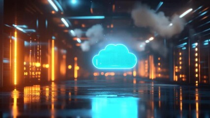 Poster - Futuristic server room with a floating neon cloud symbolizing cloud technology and data. Cloud computing concept in digital space. Glowing cloud symbol surrounded by servers.