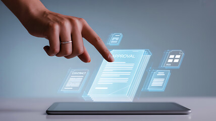 User interface screen with digital touch input and floating futuristic icon set