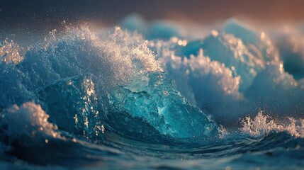 Aufkleber - Close up of ocean wave breaking, featuring turquoise water, sea spray, and golden sunlight during morning light along Pacific Ocean