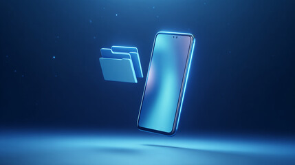 Poster - blue smartphone mockup with folders floating nearby, set against a dark blue background, showcasing 