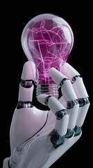 Poster - robotic hand holding illuminated bulb, showcasing pink electrical discharge inside glass, symbolizin