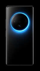 Poster - black smartphone back, circular camera with blue light ring, sleek design, showcasing technological 