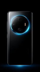 Poster - black smartphone back, circular camera array with blue light, showcasing modern technology and sleek