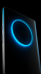 Poster - black phone camera closeup, illuminated by bright blue ring light, showcasing sleek design and moder