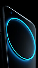 Poster - close-up of a smartphone showcasing a circular, glowing blue light on its surface, suggesting techno