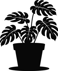 Aufkleber - A black silhouette of a monstera plant in a pot against a pink background in a flat design style