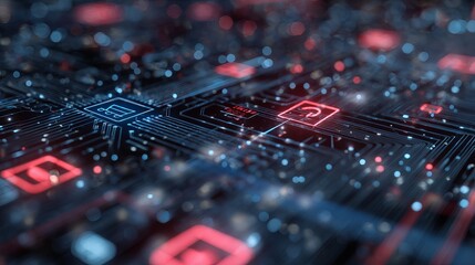 Poster - Abstract Digital Circuit Board Technology Background Futuristic Neon Red Blue Lights Network Data Processing Innovation Electronic System Modern Design Graphic           