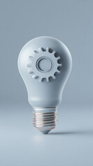 Poster - Lightbulb with gear, light gray, metallic base, simple design, symbolizing innovation, mechanism, idea, solution, progress, technology
