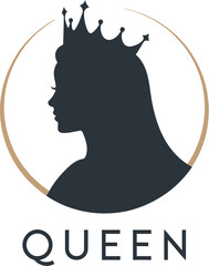 Aufkleber - Silhouette of a queen with a crown inside a circle with the word queen written below it in black