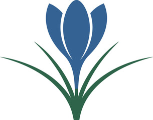 Aufkleber - A simple graphic of a blue crocus flower with green leaves on a white background in a flat style