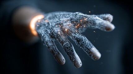 Poster - Futuristic Robotic Hand Reaching Out Digital Network Technology Abstract Background Artificial Intelligence Innovation Cybernetic Science Fiction Modern Design High Tech 