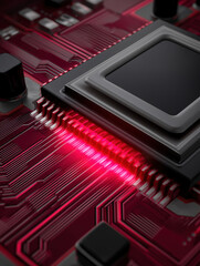 Poster - Detailed close-up of a high-tech circuit board with glowing elements in red hue