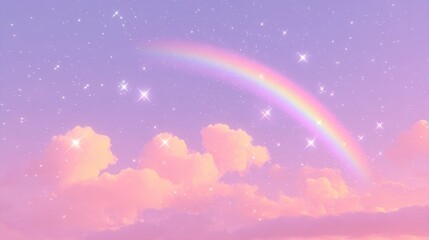 Wall Mural - Dreamy sky with rainbow and glowing stars above pink clouds