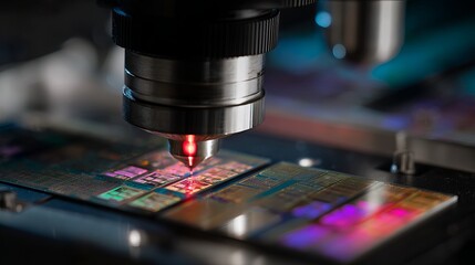 Poster - High Precision Microchip Inspection Detailed Closeup Advanced Technology Semiconductor Manufacturing Process Microscopic View of Integrated Circuit Wafer Testing Quality 