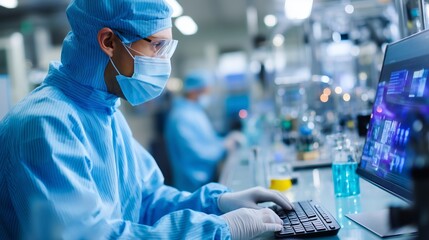 Poster - scientist in protective gear working on computer in a laboratory setting during daytime