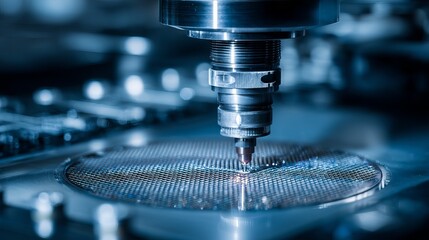 Poster - Precision Microchip Manufacturing Process Advanced Technology Industrial Automation Closeup Detailed Image of Semiconductor Wafer Production High Tech Engineering Blue   
