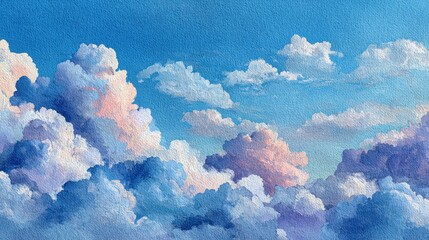 Poster - Pastel dreamy cumulus clouds float in a bright blue sky, painted with textured impressionistic brushstrokes, creating a peaceful and ethereal atmosphere